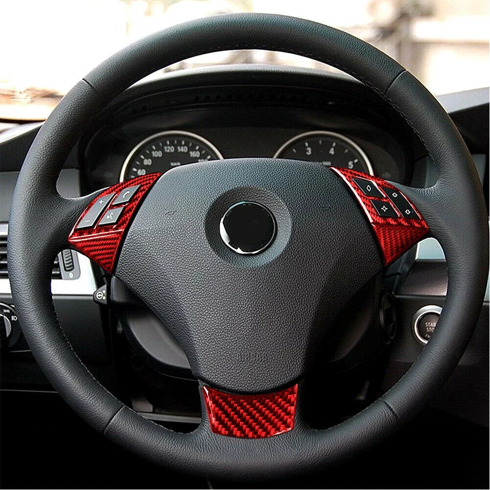 5 x Red Carbon Fiber Steering Wheel Knob Covers for BMW 5 Series E60 E61 (2004-2010)