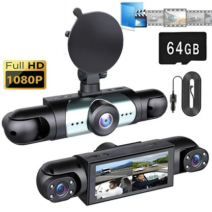 3 Channel 1080P HD Dash Cam for Car Front & Inside w/ 64GB Card