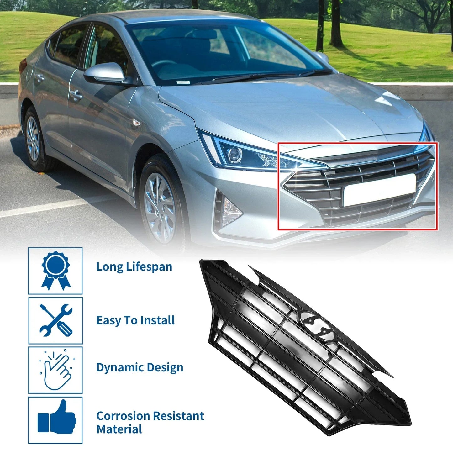 Front Upper Bumper Grille for Hyundai Elantra 2019-2020 Black