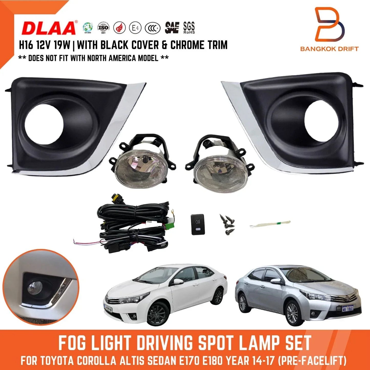 Chrome Fog Lamp Driving Light Set for Toyota Corolla Sedan (2014-2017)
