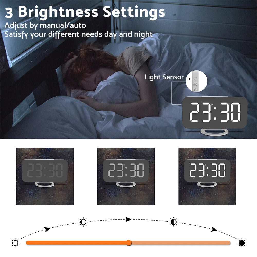 LED Digital Alarm Clock Mirror Display with Snooze for Bedroom Wall