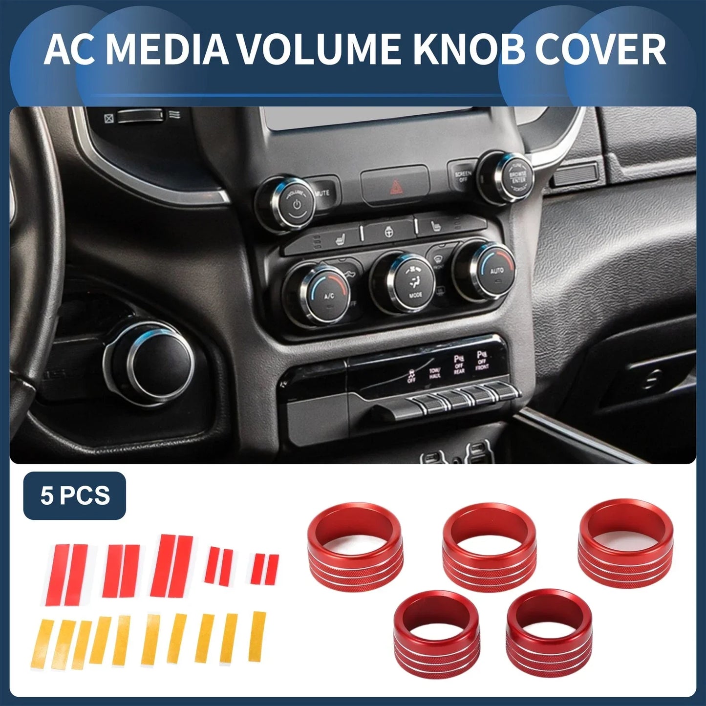 AC Media Volume Switch Knob Cover Ring for Dodge RAM 2018-2022 - 5 Pcs Red