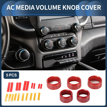 AC Media Volume Switch Knob Cover Ring for Dodge RAM 2018-2022 - 5 Pcs Red