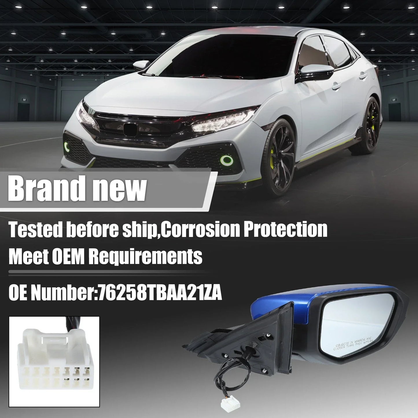 5 Pin Right Side Exterior Door Mirror Assembly Blue for Honda Civic (2016-2020)