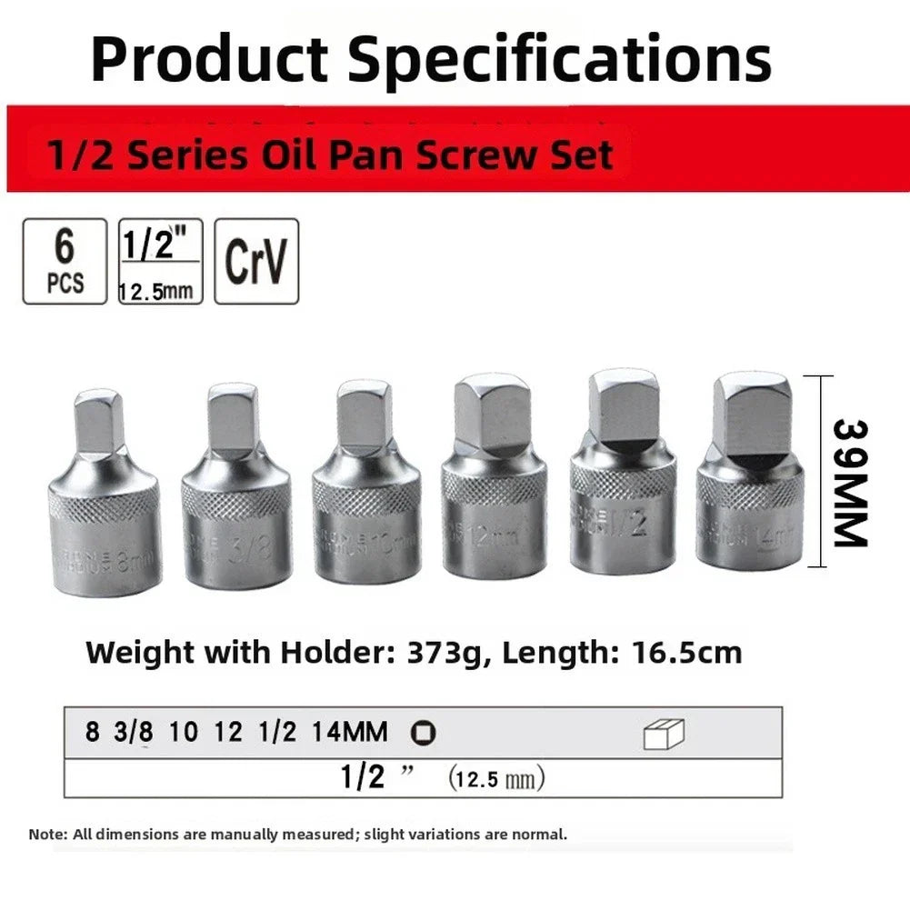 Square Drive Oil Pan Socket Wrench 6PC Set for Vehicle Engine Maintenance