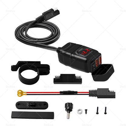 Dual USB Fast Charger Socket with LED Voltmeter for Motorcycle