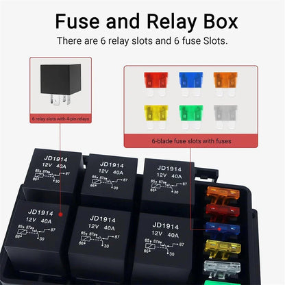 6 Way 12V Waterproof Fuse & Relay Box w/ Pre-Wires for Car Truck Boat
