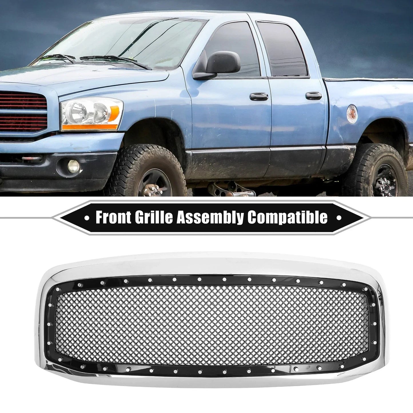 Front Grille Assembly for Dodge - Chrome Silver Tone Gloss Black