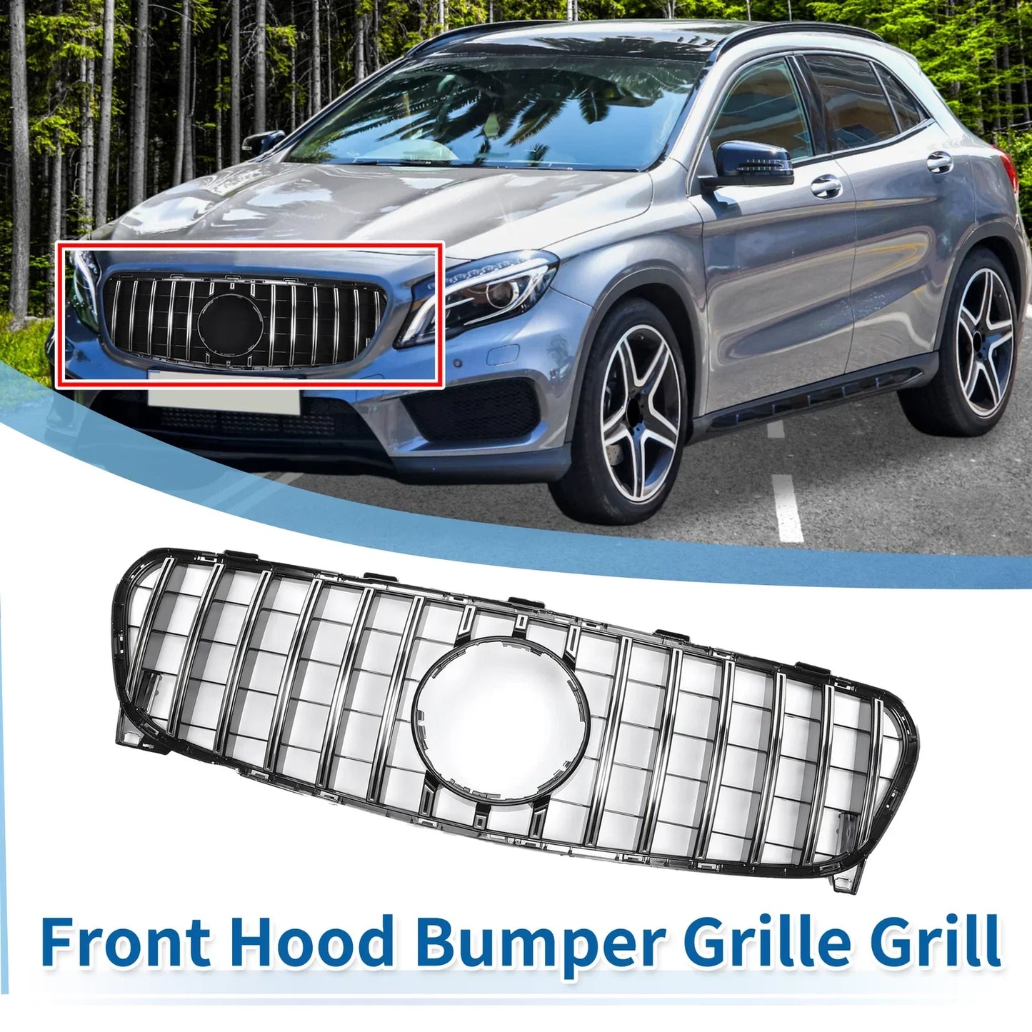 Front Upper Bumper Grille for Mercedes-Benz GLA Class Chrome Silver (2015-2023)
