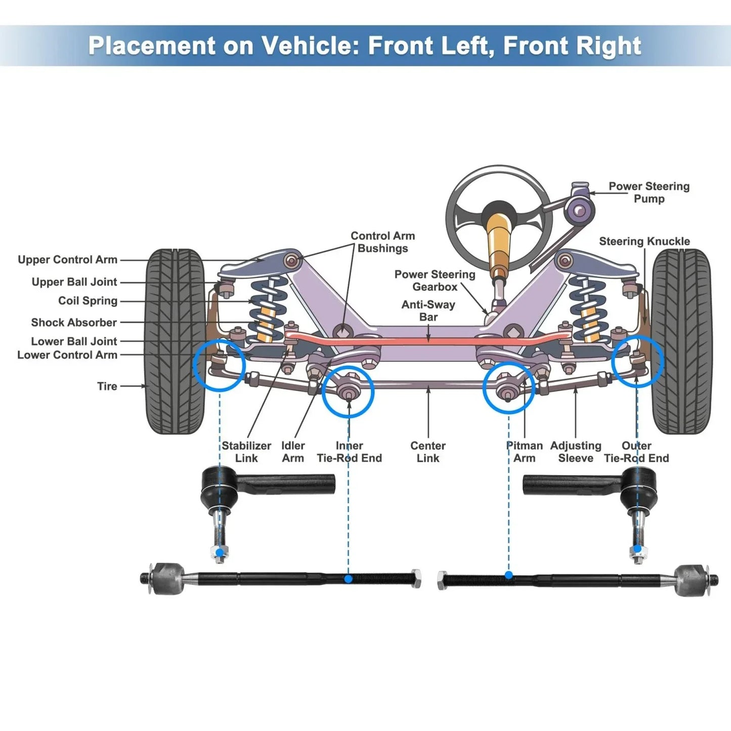 4 x Front Inner Outer Tie Rod End Links for Dodge Journey (2011-2020)