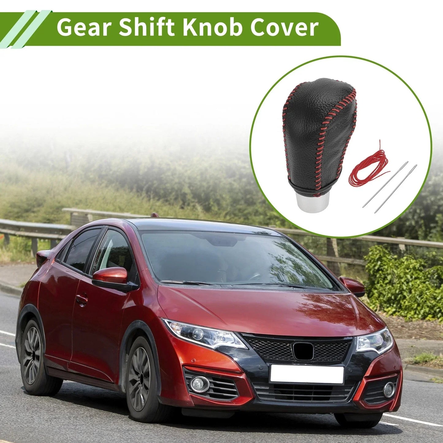 Gear Shift Knob Cover for Honda Civic 2016-2021 Pebbled Black Red Faux Leather