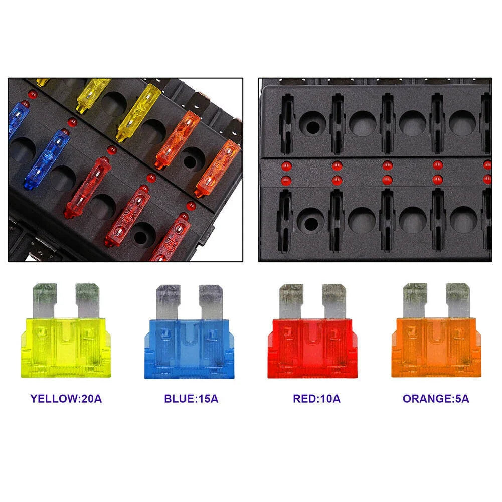 10 Way Circuit ATO ATC Blade LED Fuse Box Holder for Car