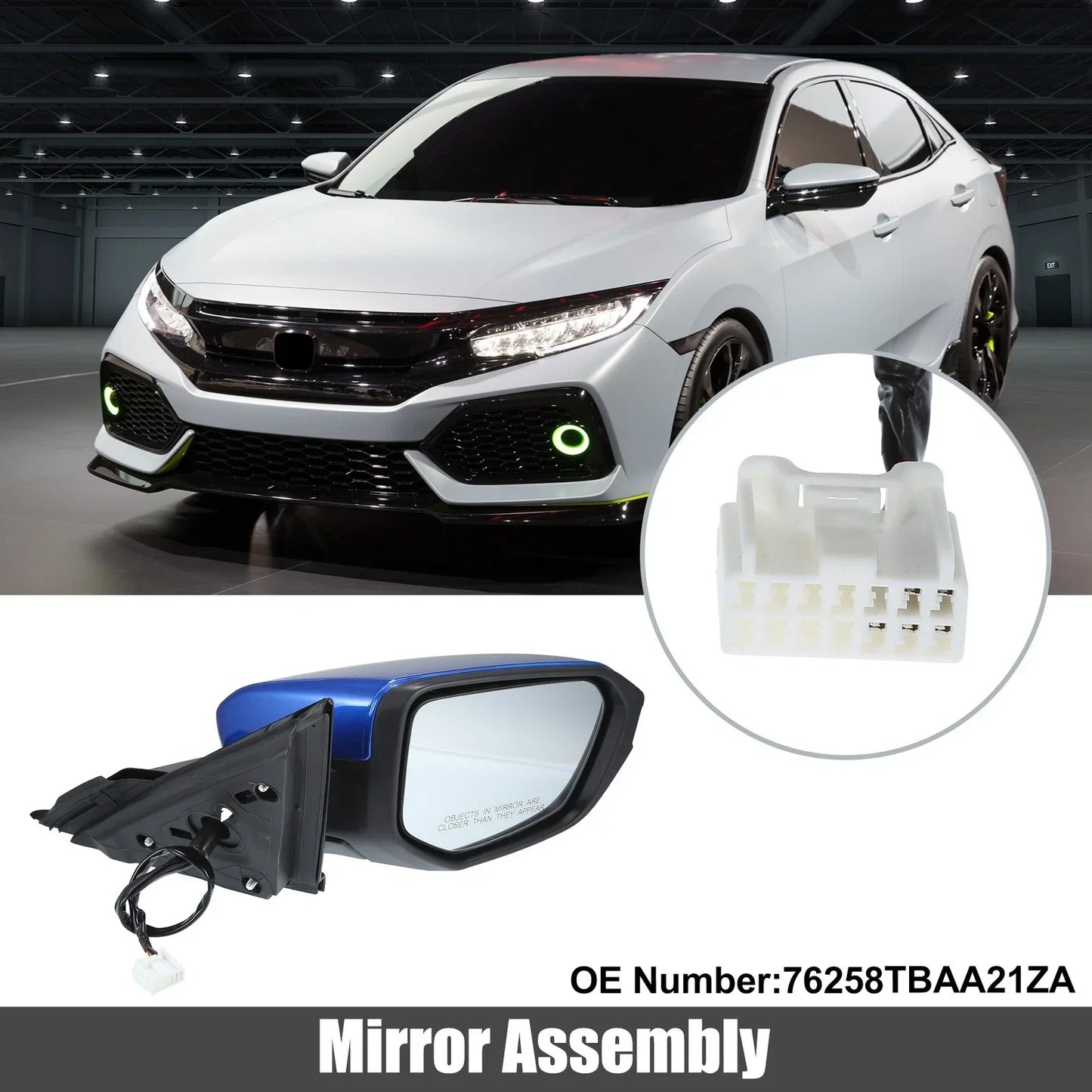 5 Pin Right Side Exterior Door Mirror Assembly Blue for Honda Civic (2016-2020)