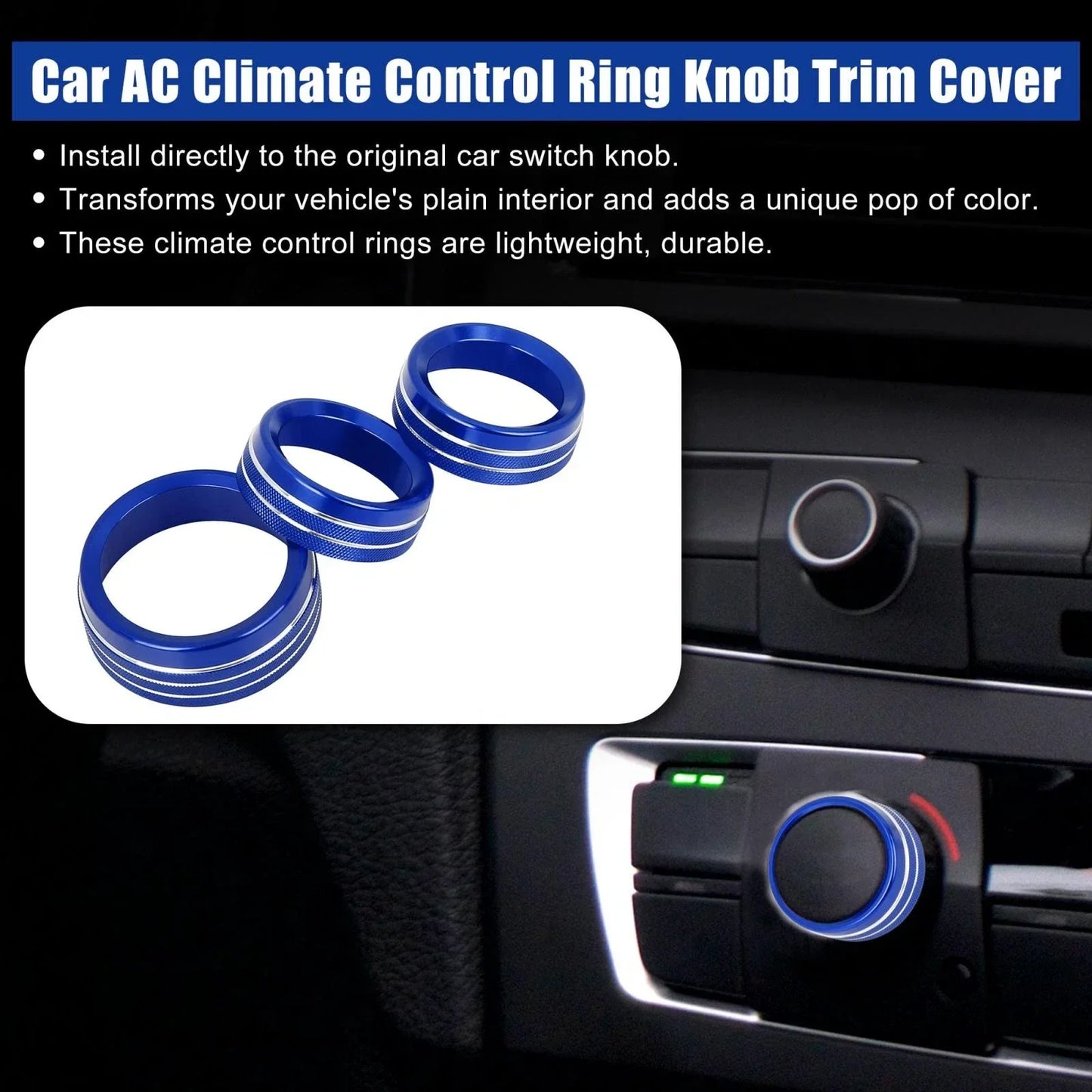 3 x Blue AC Climate Control Ring Knob Trim Covers for Dodge Challenger, Ram