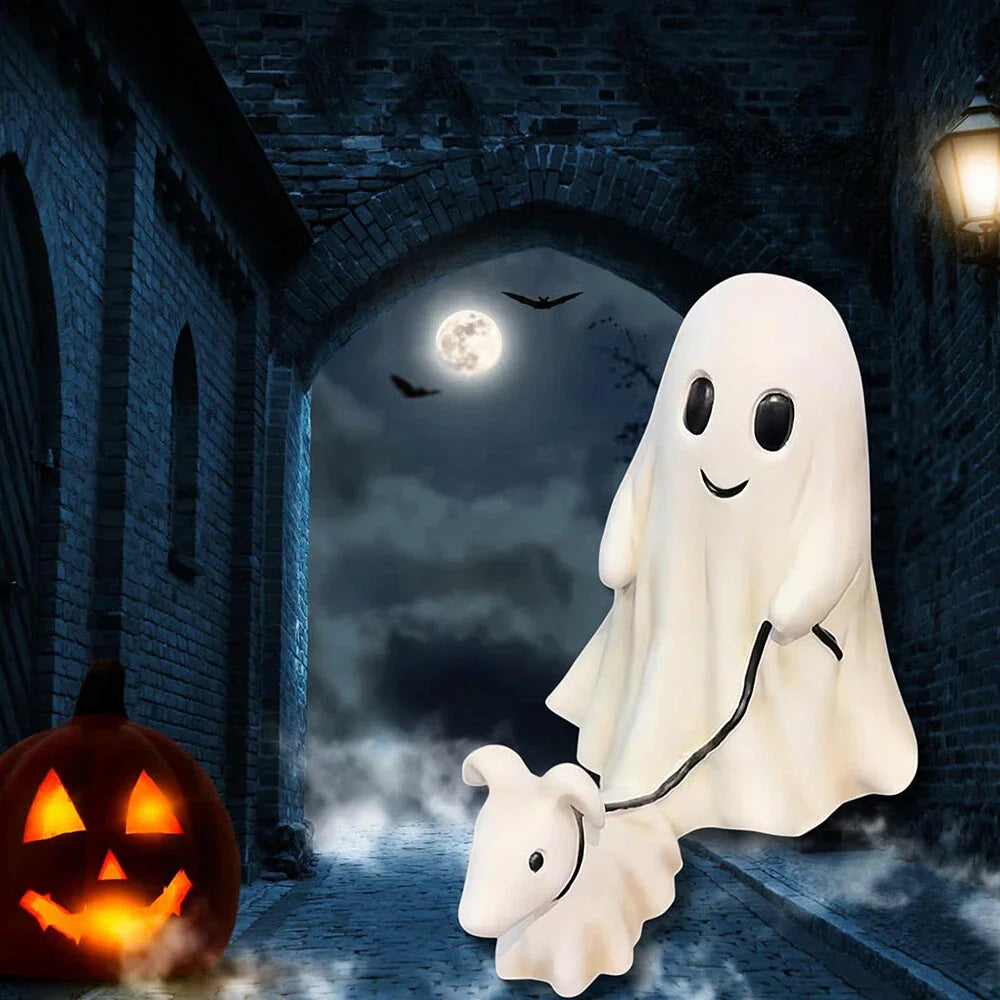 Cute Halloween Ghost Walking Dog Statue Decorations Indoor Outdoor