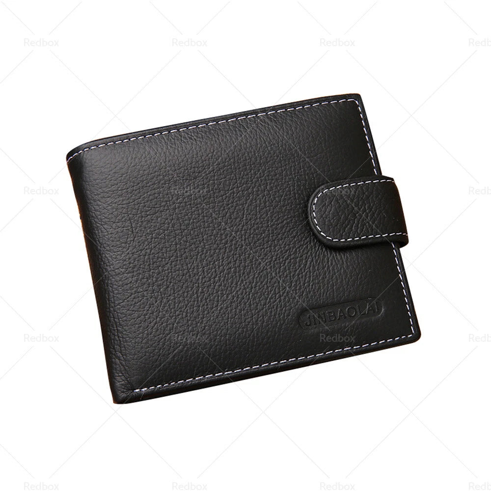 Black Bi-Fold Men's Wallet Cowhide Leather Card Slots Coin Pocket
