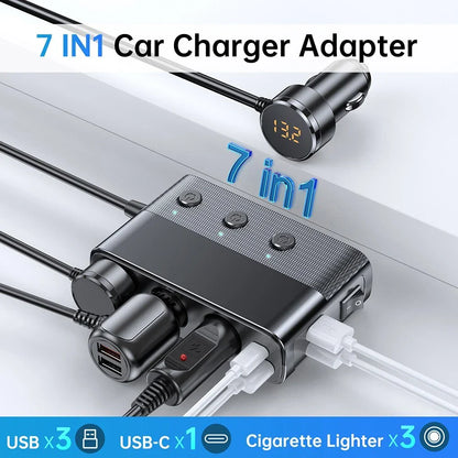 7 in 1 Car Charger 128W Power Splitter with Quick Charging and USB C PD 30W