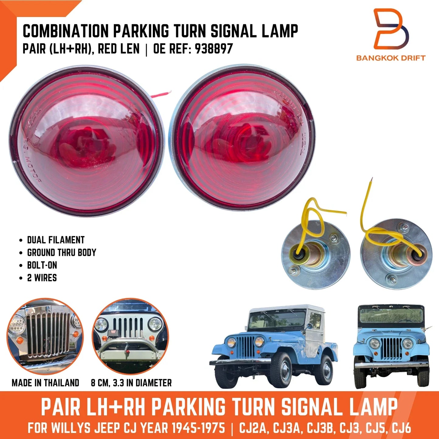 Red Lens Turn Signal Parking Light for Willys Jeep CJ (1945-1975)