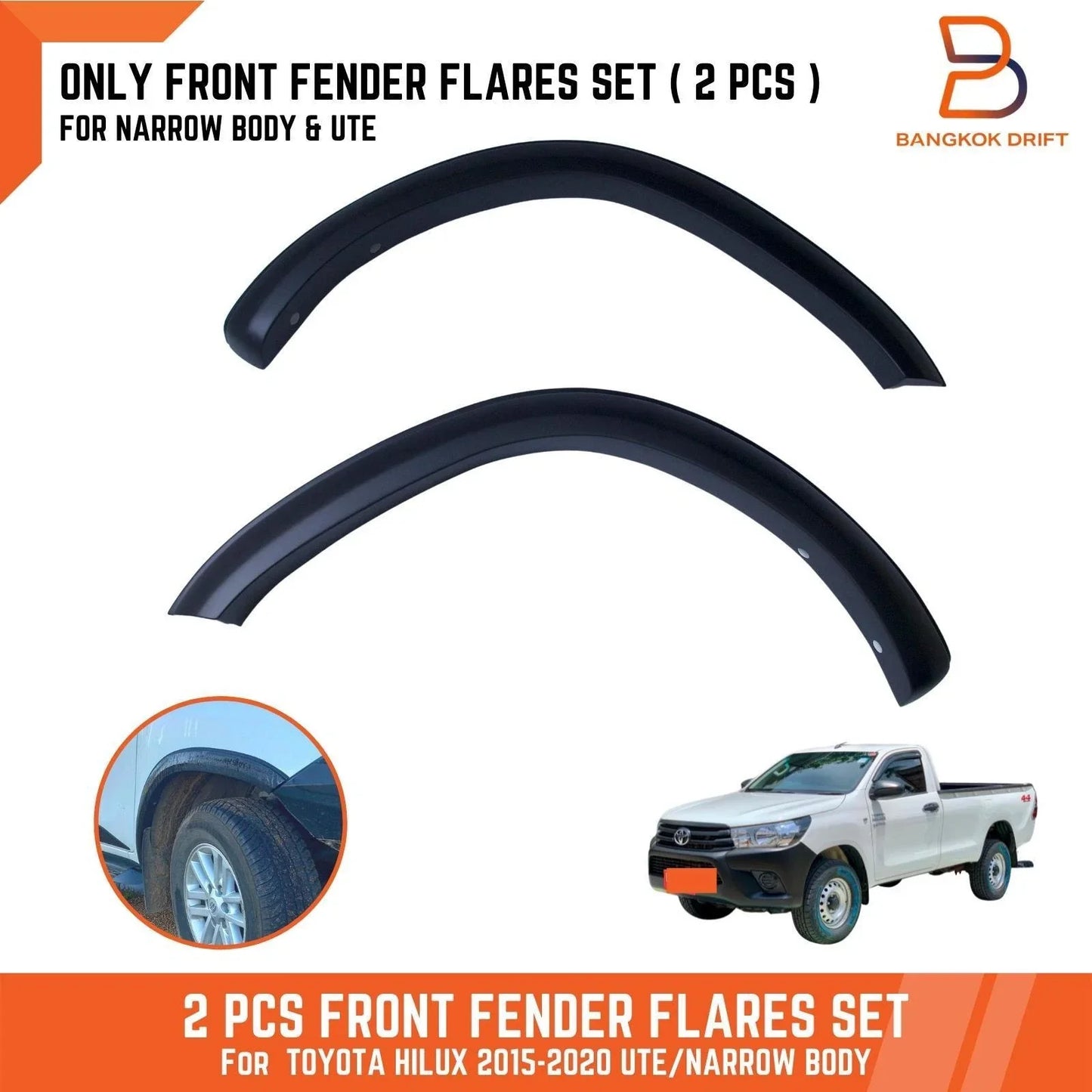 Front Set Slim Matte Black Fender Flares for Toyota Hilux Revo (2015-2020)
