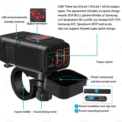 Dual USB Motorcycle Fast Charger Socket w/ LED Voltmeter Display