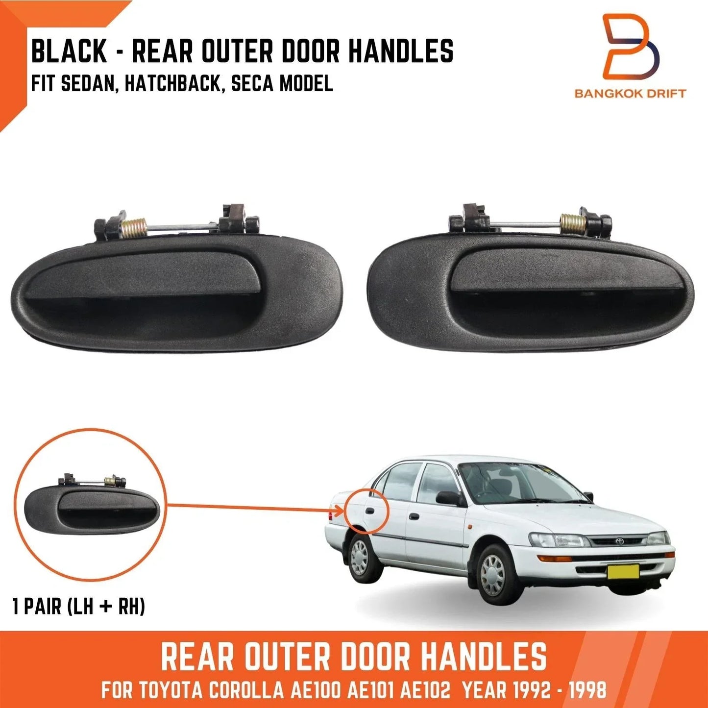 Black Rear Outer Door Handles  for Toyota Corolla (1992-1998)