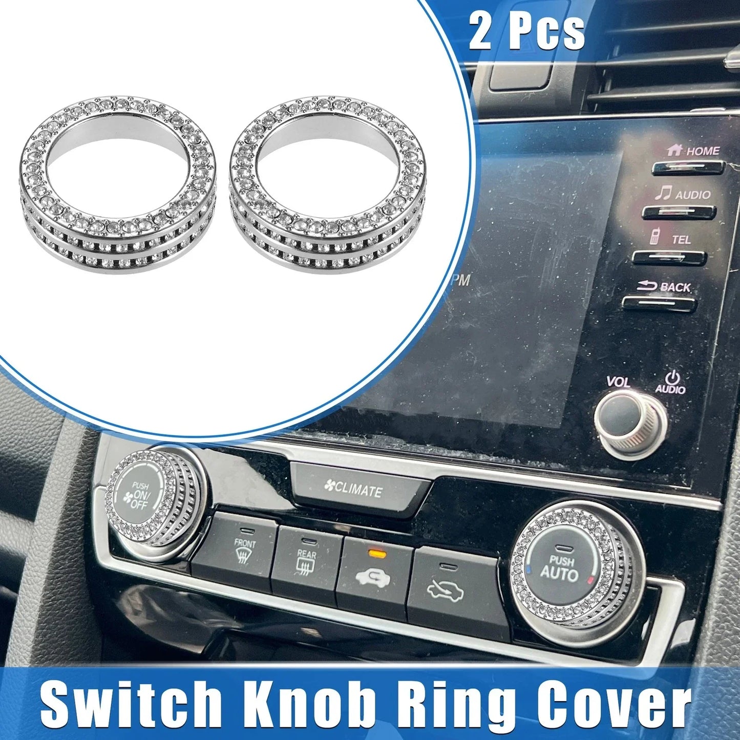 2 x Car AC Switch Knob Ring Covers for Honda Civic (2016-2021) Silver Tone