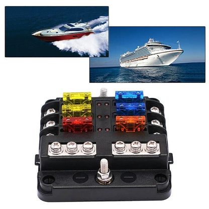 6-Way Blade Fuse Box Block Holder with LED Indicator for Marine RVs Boats