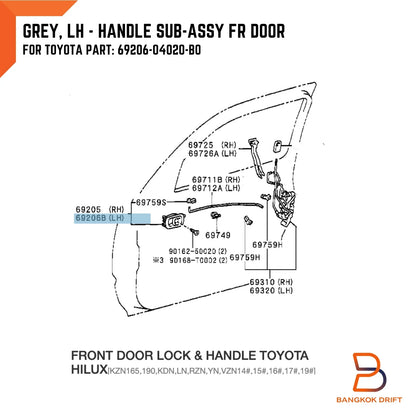 LH Grey Inner Front Door Handle for Toyota Hilux Ute (1997-2004)