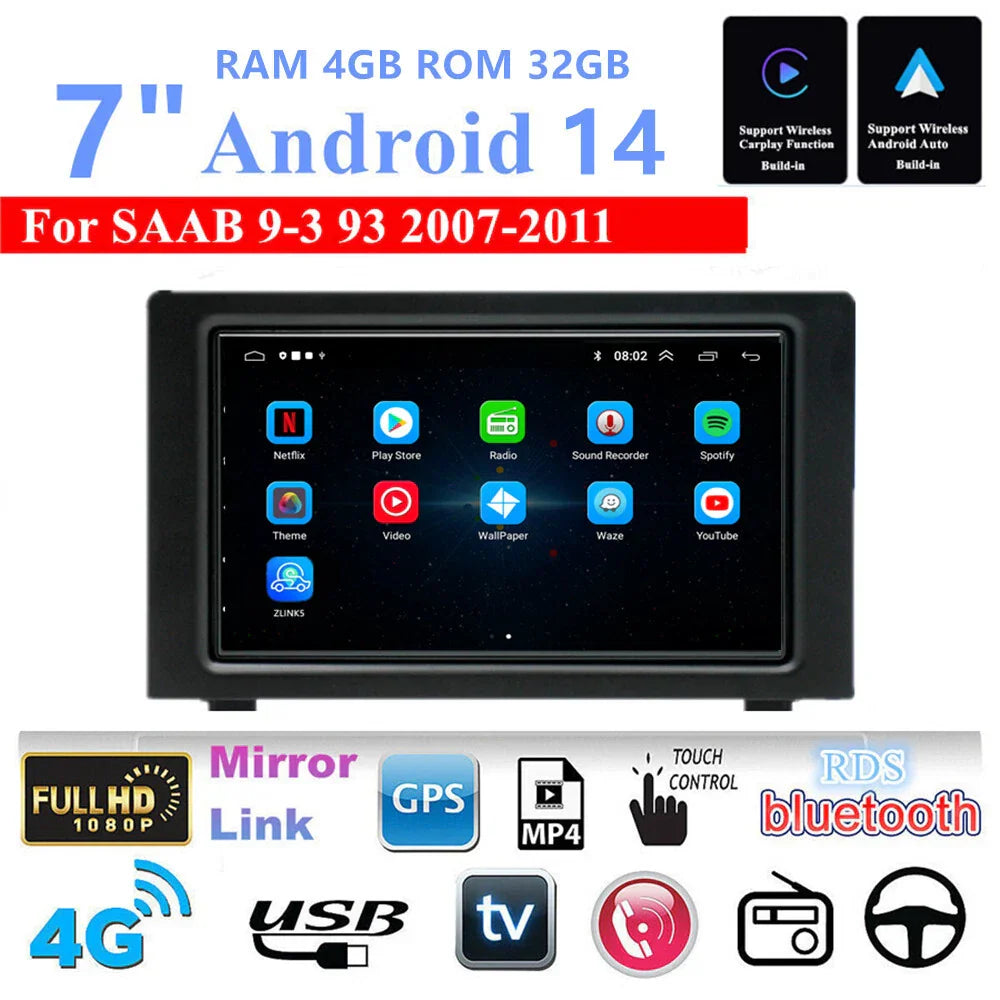 7" Car Stereo Radio GPS Navigation WIFI 4G for SAAB 9-3 (2007-2011)