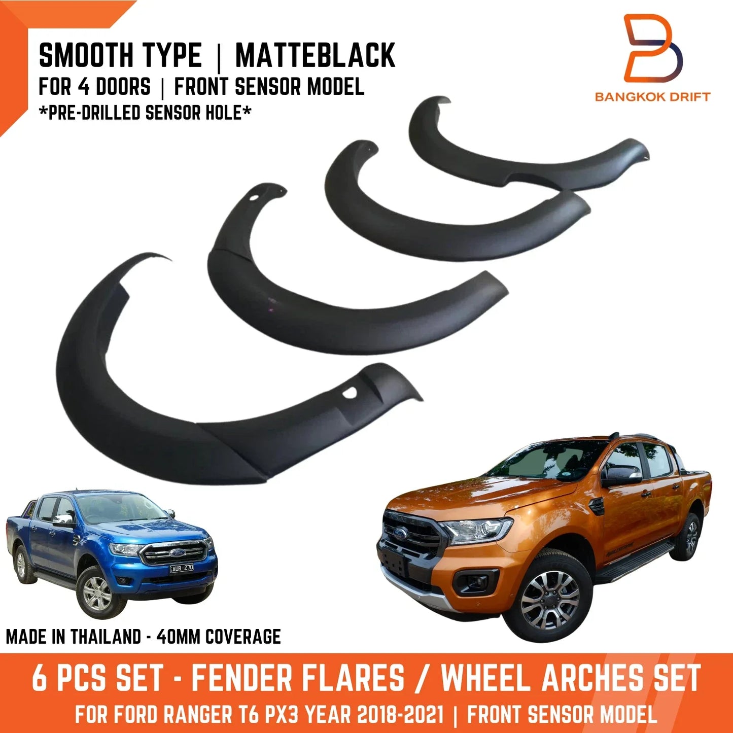 Matte Black Fender Flares for Ford Ranger Ute PX3 (2018-2021)