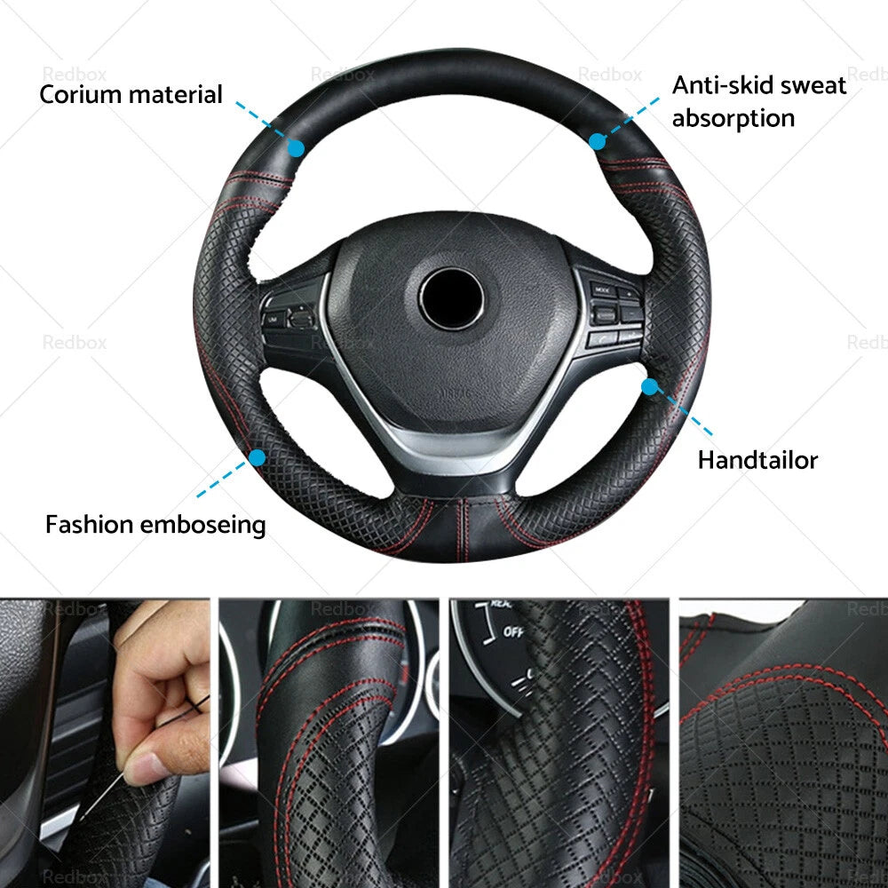 Premium Leather 38cm Steering Wheel Cover for Car - Auto Protection
