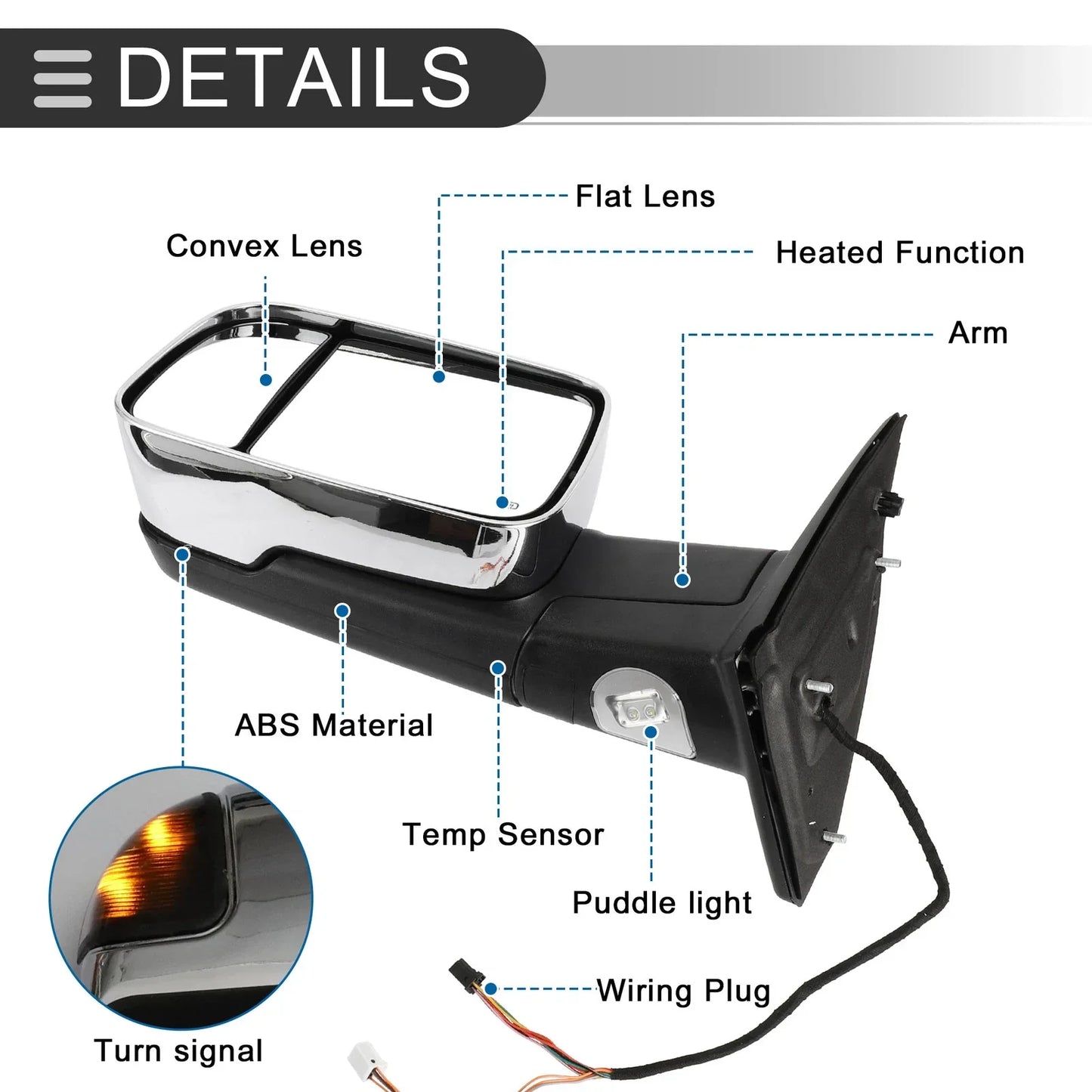 Tow Mirrors for Dodge Ram 1500 with Turn Signal Light Silver Tone 2 x  (2009-2018)