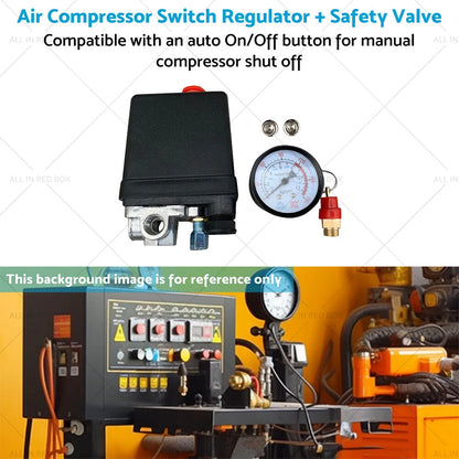 4 Port Air Compressor Pressure Switch Manifold Regulator + Safety Valve 175psi