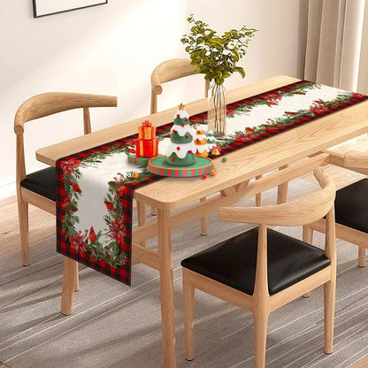 Christmas Cardinal Table Runner 13" x 72" Buffalo Plaid Poinsettia Holly