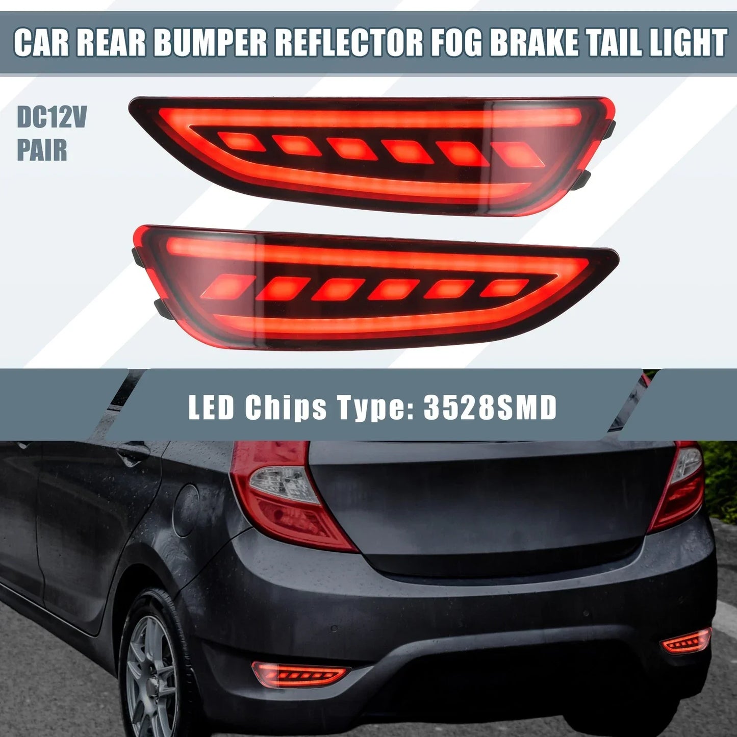 2 x Rear Bumper Reflector LED Brake Lights Red for Hyundai Accent (2012-2017)