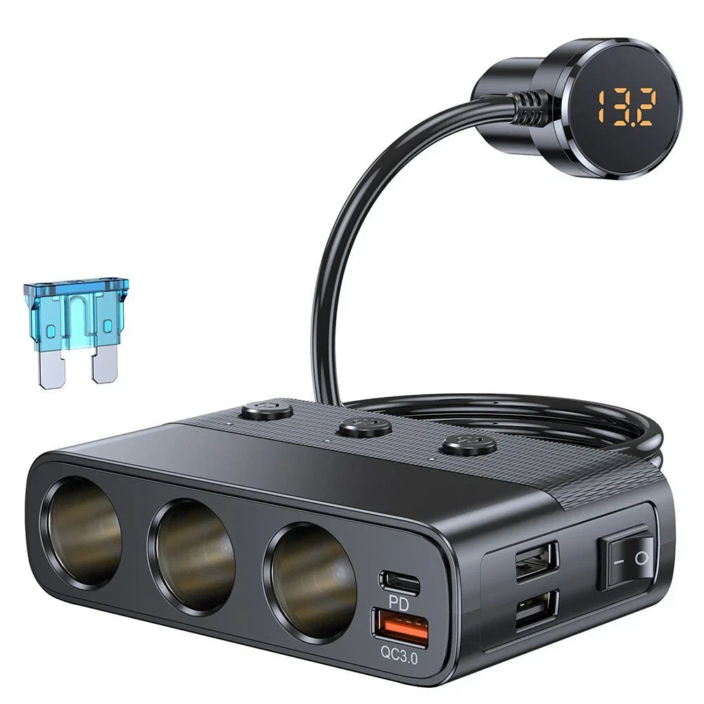 7 in 1 Car Charger 128W Power Splitter with Quick Charging and USB C PD 30W