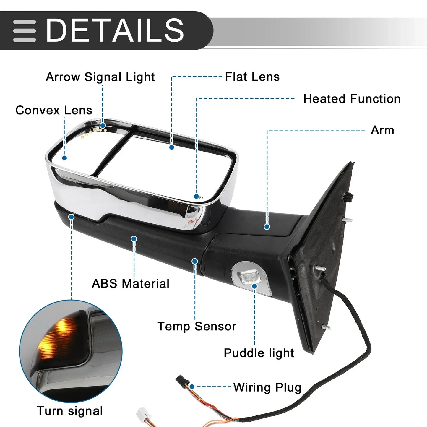 Tow Mirrors for Dodge Ram 1500 2500 2009-2018 with Lights - Silver Tone 2 x