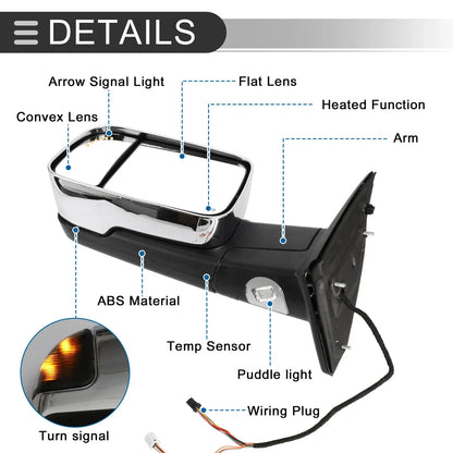 Tow Mirrors for Dodge Ram 1500 2500 2009-2018 with Lights - Silver Tone 2 x
