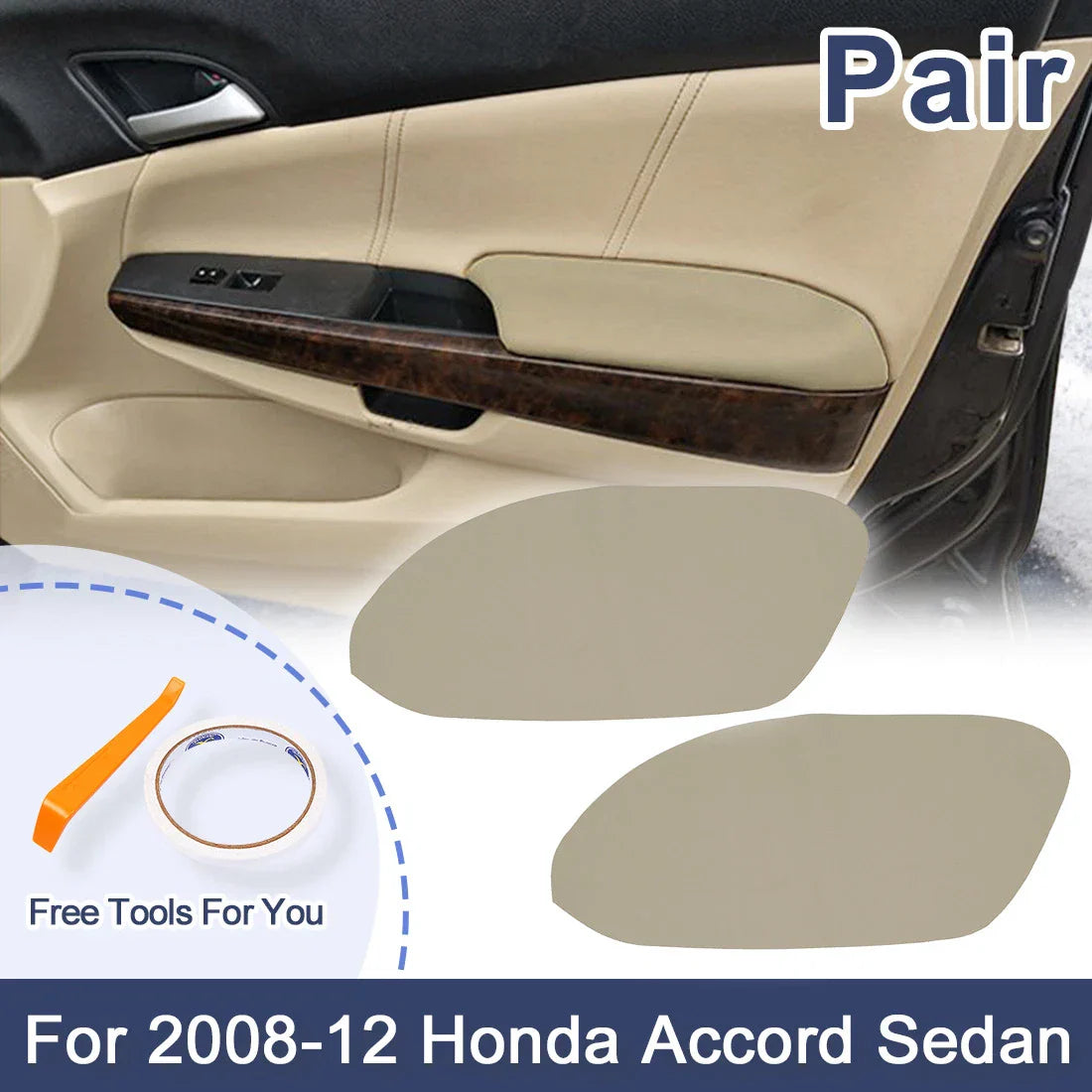 Car Front Door Panels Armrest Covers Beige for Honda Accord Sedan (2008-2012)