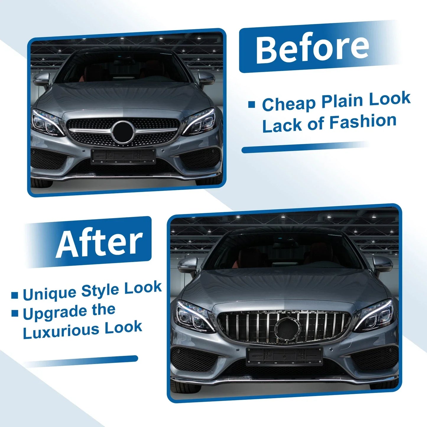 Front Upper Bumper Grille for Mercedes-Benz C180 Chrome Silver Tone