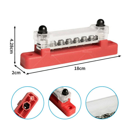 Black Red 6 Way Bus Bar Power Distribution Terminal Block 12V 150A