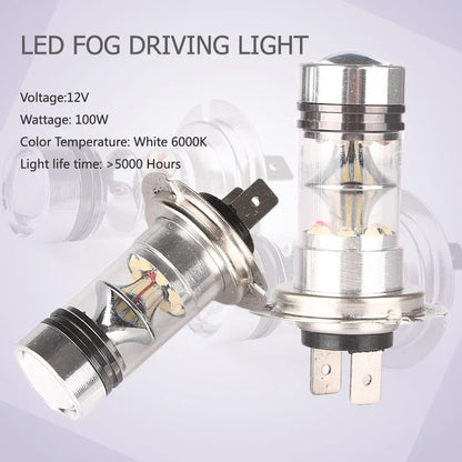 6000K H7 100W LED 20-SMD Projector Fog Driving DRL Light Bulbs for Car