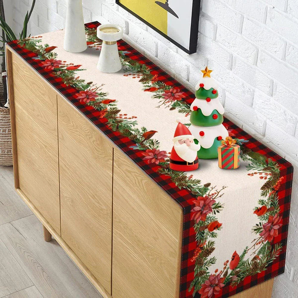 Christmas Cardinal Table Runner 13" x 72" Buffalo Plaid Poinsettia Holly