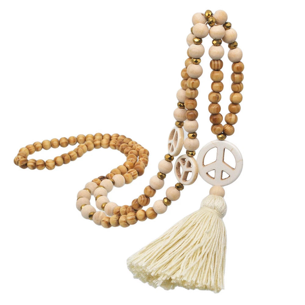 Bohemian Long Necklace with Tassel, Peace Sign, Wood Beads, Fringe