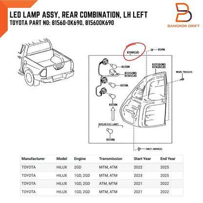 Left LH LED Tail Light for Toyota Hilux Ute Revo M70 M80 (2015-2023)