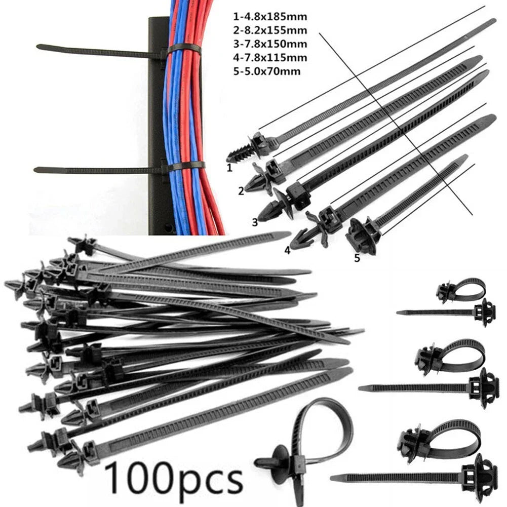 100 Pack / Multiple Size / Car Harness Wire Clips Ties Push Rivet