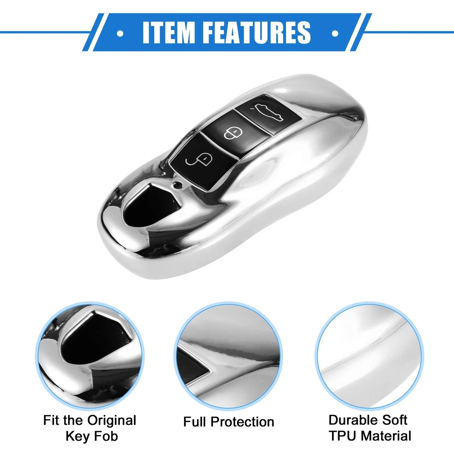 3 x Button Car Remote Key Fob Cover for Porsche Macan (2014-2022) TPU Silver Tone