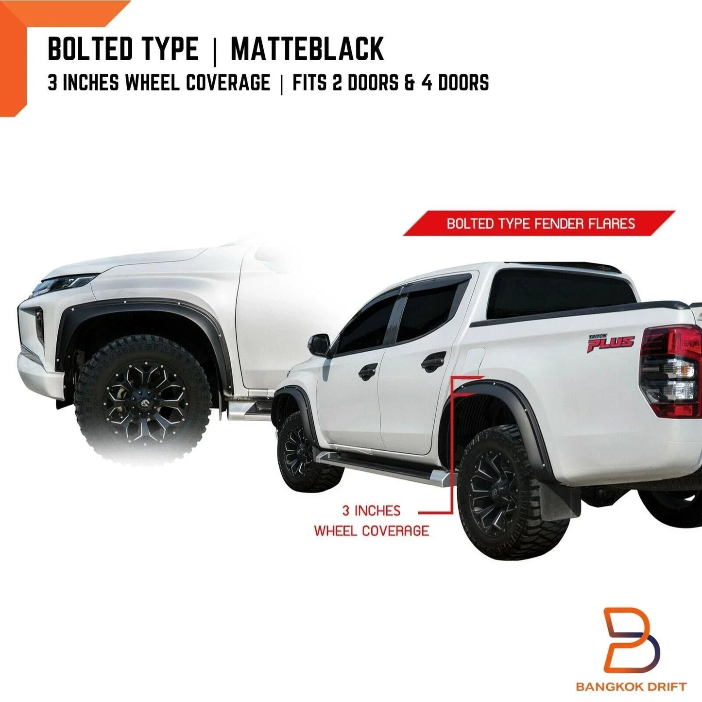 3" Matte Black Bolted Fender Flares for Mitsubishi Triton Ute (2019-2023)