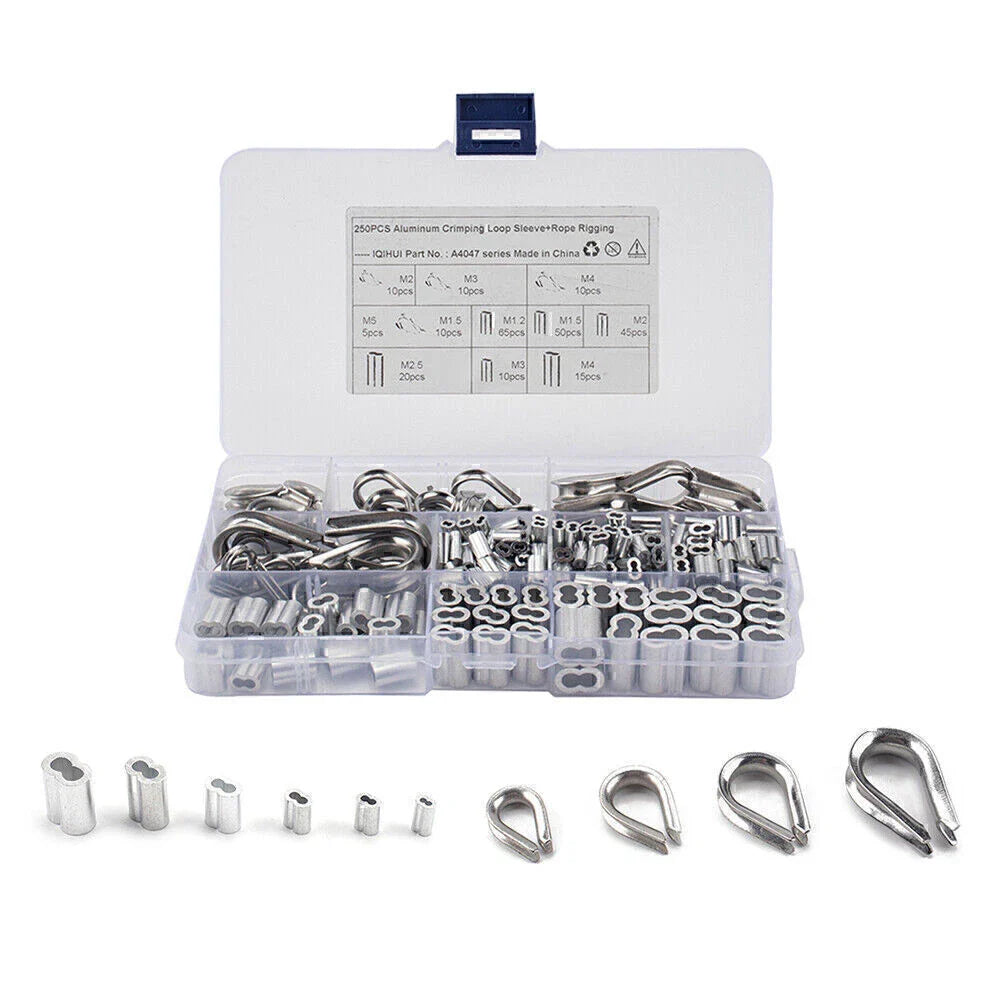 250Pcs Thimble & 6 Size Crimping Loop Sleeves for Wire Rope Cable