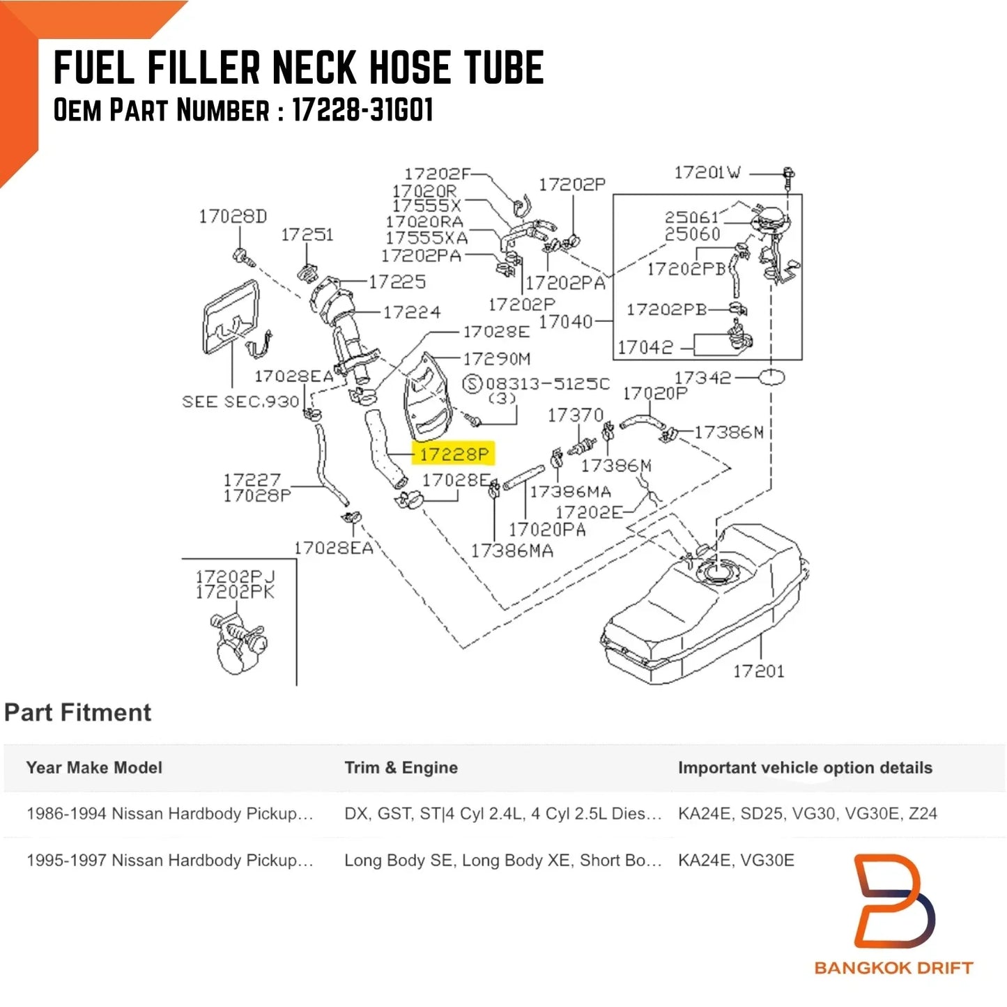 Fuel Tank Filler Neck Hose for Nissan Navara D21 (1985-1997)